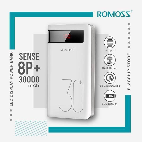 Romoss 30000mAh 18W Type c Pd 3 Outputs 3 Inputs Fast Charging Portable Charger Battery Pack Sense 8p+ Plus - a white rectangular portable charger with a digital LED display showing 100, set against a branded graphic background.