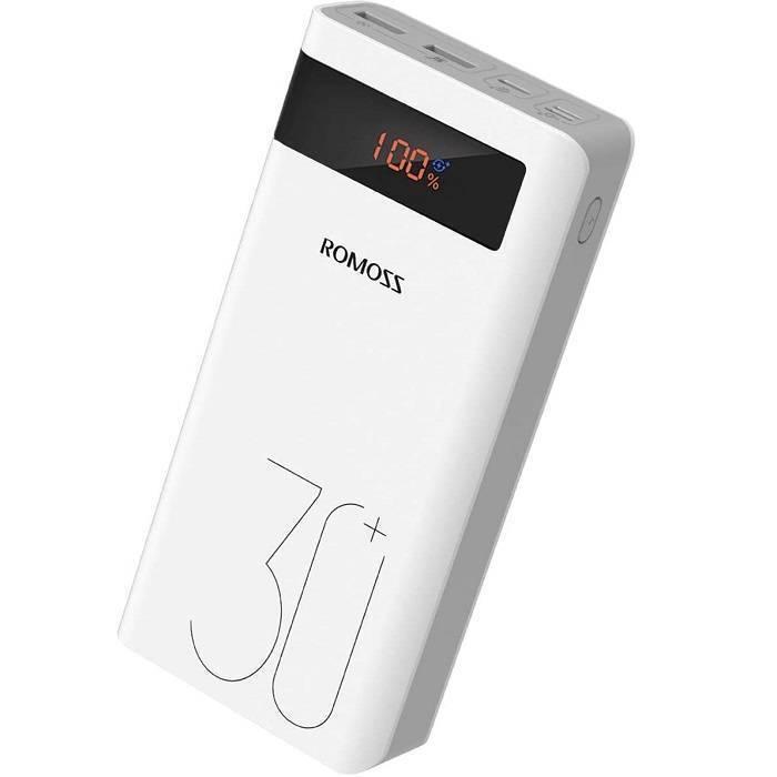 Romoss 30000mAh 18W Type c Pd 3 Outputs 3 Inputs Fast Charging Portable Charger Battery Pack Sense 8p+ Plus - power bank in white, showing a digital display reading 100%, a side power button, and multiple top-facing ports.