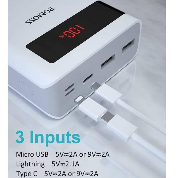 Romoss 30000mAh 18W Type c Pd 3 Outputs 3 Inputs Fast Charging Portable Charger Battery Pack Sense 8p+ Plus - its white casing, digital 100% display, three input ports, and two charging cables plugged into the device.