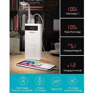 Romoss 30000mAh 18W Type c Pd 3 Outputs 3 Inputs Fast Charging Portable Charger Battery Pack Sense 8p+ Plus - power bank in white, showing a digital display at 100%, connected to a smartphone and a small LED lamp with multiple cables.