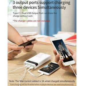 Romoss 30000mAh 18W Type c Pd 3 Outputs 3 Inputs Fast Charging Portable Charger Battery Pack Sense 8p+ Plus - power bank in white charging three smartphones simultaneously using its visible USB and Type-C ports while displaying 100% on the screen.
