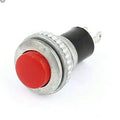 Round Push Button Switch - a red circular button set in a metallic housing with two metal terminals extending from the black cylindrical base.