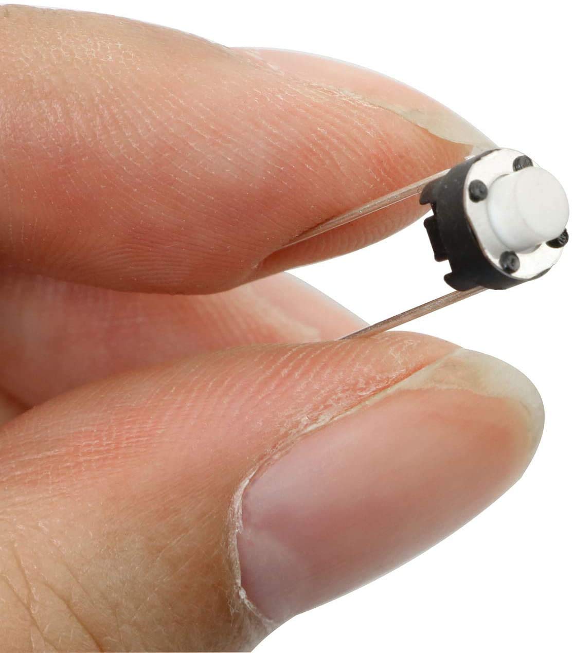 Round Tactile Micro Push Button Switch - a small black circular base with a white center button and two long metal pins.