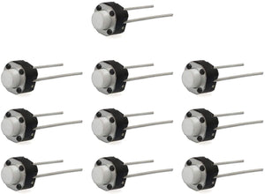 Round Tactile Micro Push Button Switch - shown as a collection of ten individual black and white circular momentary switches with two metal contact pins.