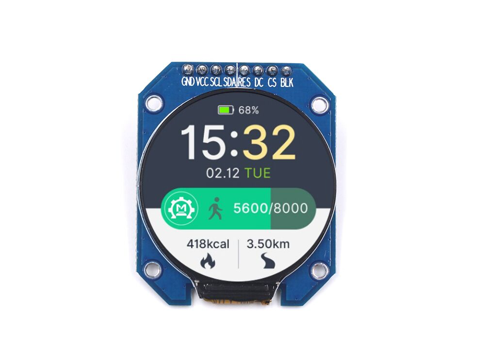 Round Watch 240×240 1.28-inch Display Module – GC9A01A - a blue circuit board with a round screen displaying time, date, and fitness data.