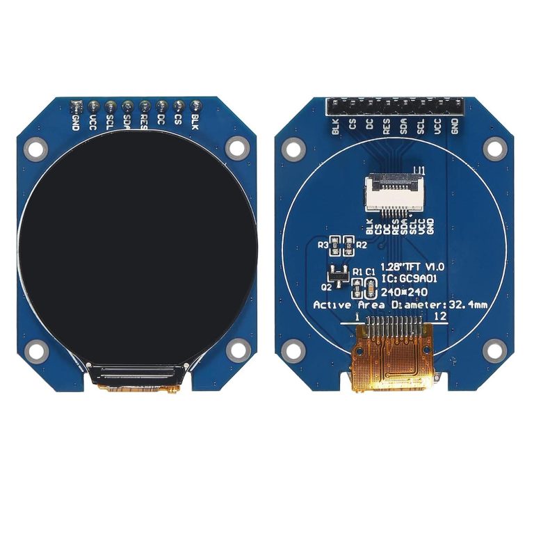 Round Watch 240×240 1.28-inch Display Module – GC9A01A - front and back views of the blue circular PCB with a black screen and pin headers.