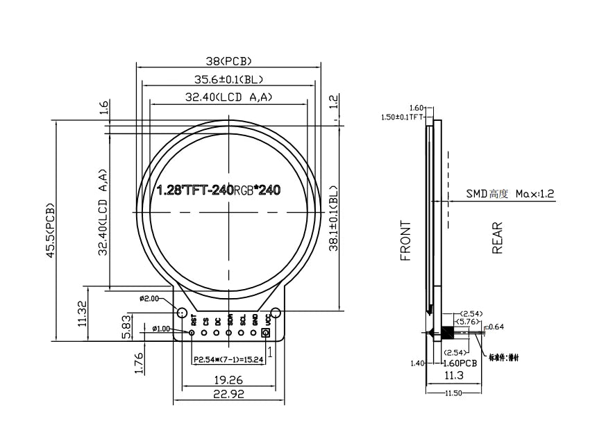 Round Watch 240×240 1.28-inch Display Module – GC9A01A - the front and side profile with labels and measurements.
