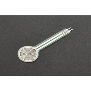 RP-C18.3-LT Thin Film Pressure Sensor - a circular white sensor with a silver spiral pattern and a long, flat tail ending in two metallic contact pins.