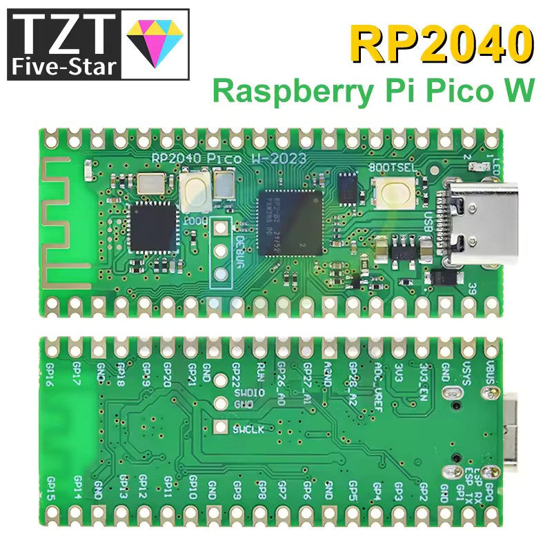RP2040 Raspberry Pi Pico W Board with 2.4G WiFi Micro Dual-Core 264KB ARM Microcomputers High-Performance Cortex-M0 Processor - top and bottom views of the green PCB with a USB-C port, buttons, and labeled pin headers.