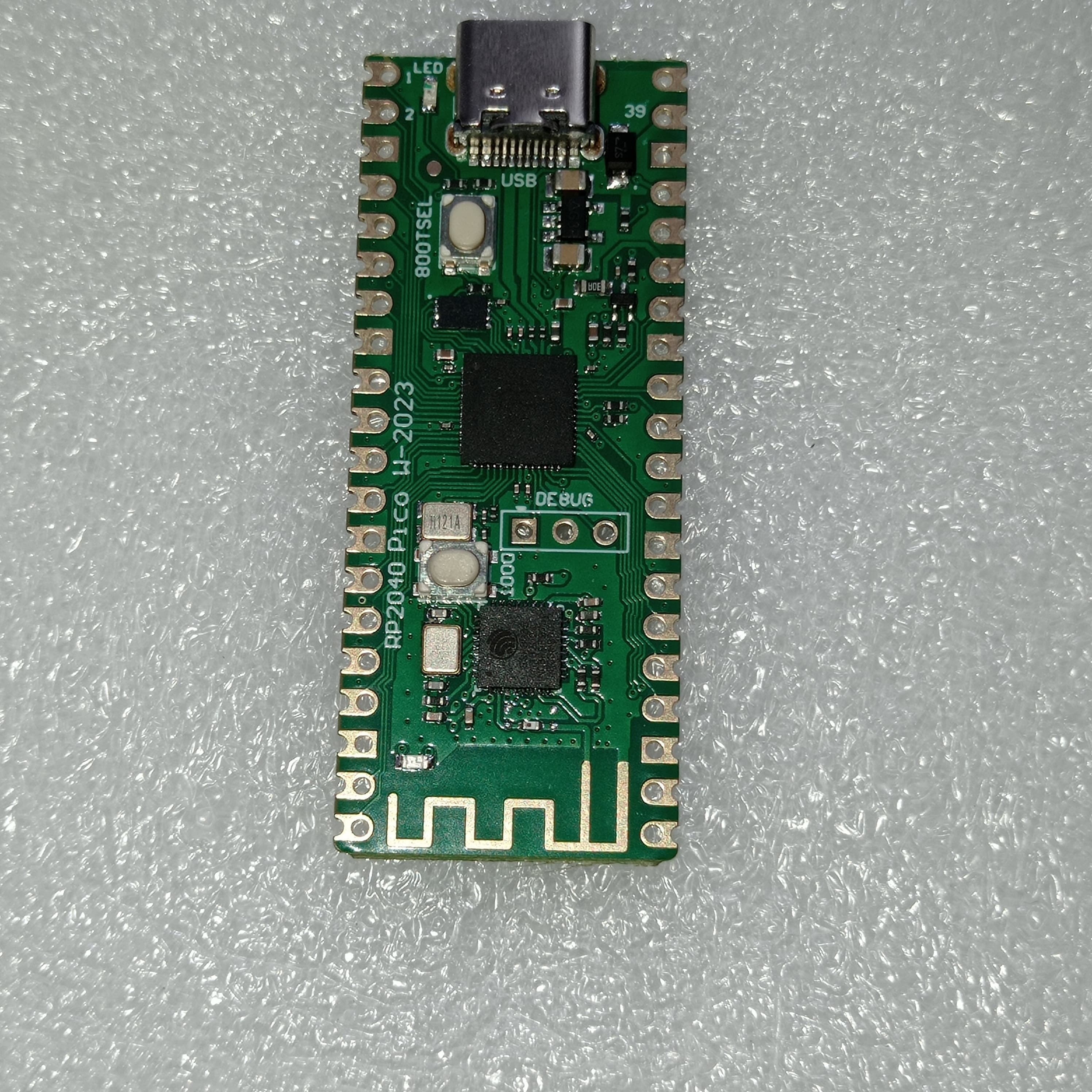 RP2040 Raspberry Pi Pico W Board with 2.4G WiFi Micro Dual-Core 264KB ARM Microcomputers High-Performance Cortex-M0 Processor - a green rectangular microcontroller featuring a USB-C port, a BOOTSEL button, and an integrated PCB antenna.