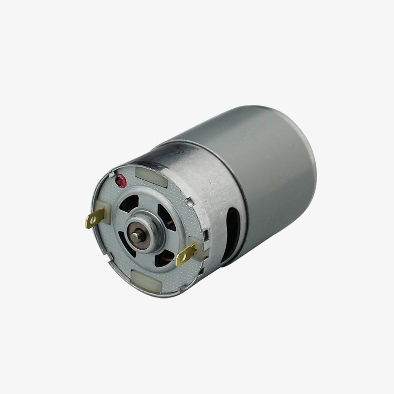 RS 555 5V DC High Speed Motor For DIY Applications And PCB Drill - a cylindrical silver-grey DC motor featuring a central shaft and two gold-coloured electrical contact terminals.