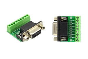 RS232 Adapter Serial Connection DB9-female To 9-pin Terminal Block Breakout Board - shown from two angles, featuring a green terminal block and DB9 connector.