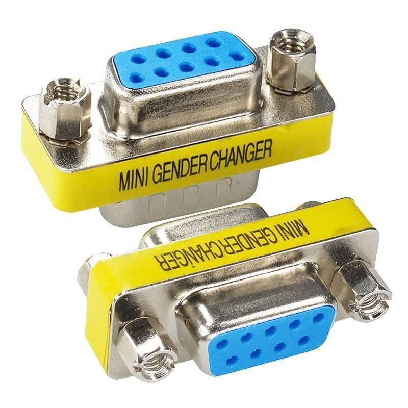 RS232 DB9 Female To Female Changer Converter 9 Pin - two yellow-bodied adapters with blue 9-pin female ports and metal connectors.