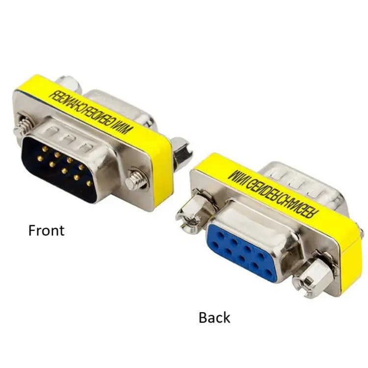 RS232 DB9 Male To Female Changer Converter 9 Pin - two metal adapters with yellow plastic casings, one with male pins and one with female ports.