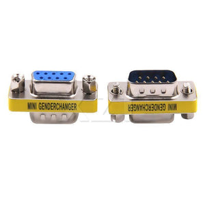RS232 DB9 Male To Female Changer Converter 9 Pin - two metallic connectors with yellow labels, one female and one male, side by side.
