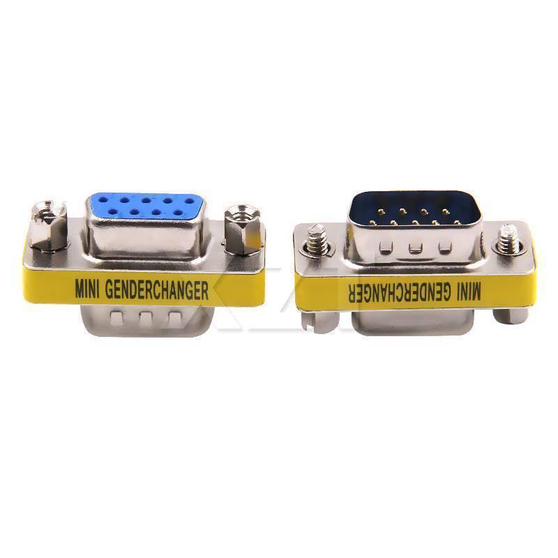 RS232 DB9 Male To Female Changer Converter 9 Pin - two metallic connectors with yellow labels, one female and one male, side by side.