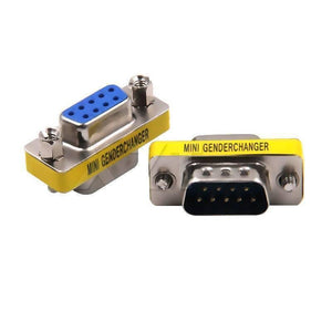 RS232 DB9 Male To Female Changer Converter 9 Pin - two metal adapters with yellow labels, one with a blue female port and one with a male port.