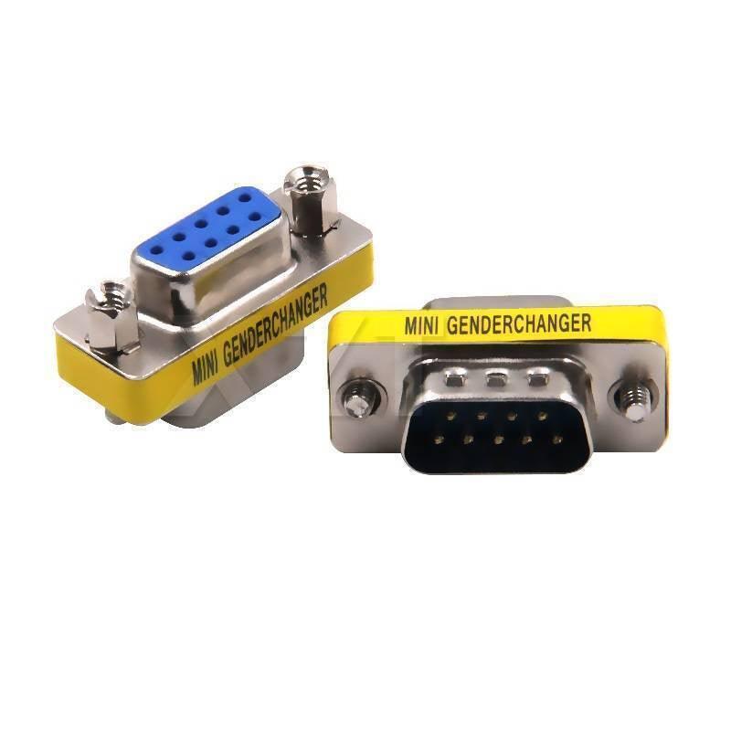 RS232 DB9 Male To Female Changer Converter 9 Pin - two metal adapters with yellow labels, one with a blue female port and one with a male port.