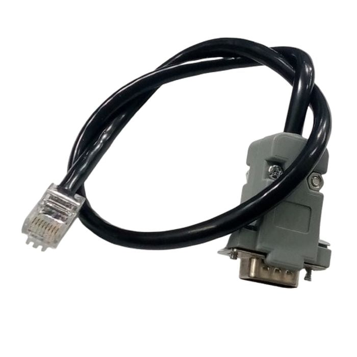RS232 DB9 to RJ45 Connector cable only for inverter zone device - a black cable with a clear RJ45 modular plug and a grey DB9 serial connector.