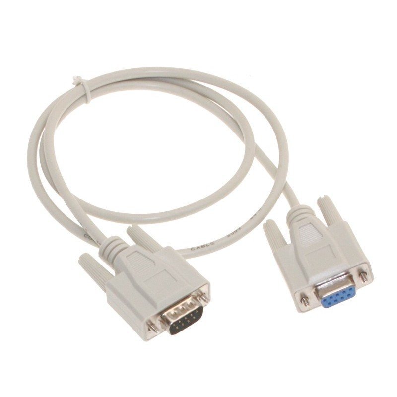 RS232 Male To Female DB9 High Quality Branded Cable - a light grey serial extension cable with a male DB9 connector on one end and a female on the other.