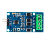 RS422 to TTL Converter Module - a blue circuit board with a four-pin header, a central chip, surface-mount components, and a green screw terminal.