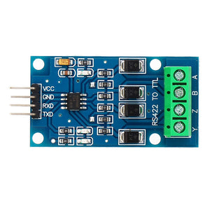 RS422 to TTL Converter Module - a blue circuit board with a four-pin header, a central chip, surface-mount components, and a green screw terminal.