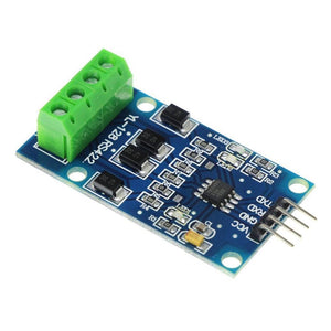 RS422 to TTL Converter Module - a blue circuit board with a green four-pin terminal block, a black IC chip, and a four-pin header connector.
