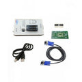 RT809 BIOS Programmer | Universal Serial ISP Programmer for EEPROM, NAND, and Flash Chips - the white programmer unit with a ZIF socket, a USB cable, a VGA cable, a green adapter board, and two pin headers.