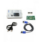 RT809 BIOS Programmer | Universal Serial ISP Programmer for EEPROM, NAND, and Flash Chips - the white programmer unit with a ZIF socket, a USB cable, a VGA cable, a green adapter board, and two pin headers.