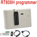 RT809H Emmc Nand Flash Programmer Bios Programmer - a white rectangular device with a central ZIF socket, status LED, and accessory cables and components displayed below it.