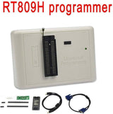 RT809H Emmc Nand Flash Programmer Bios Programmer - a white rectangular device with a central ZIF socket, status LED, and accessory cables and components displayed below it.