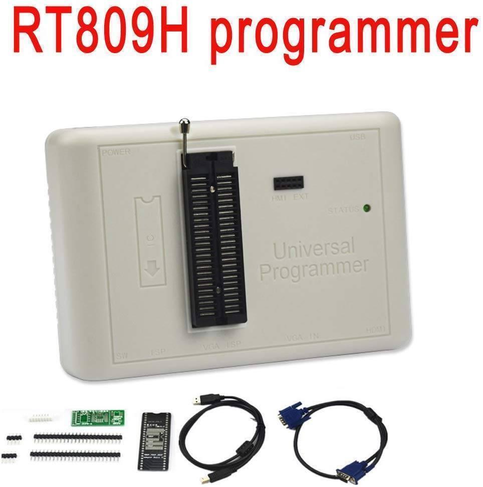 RT809H Emmc Nand Flash Programmer Bios Programmer - a white rectangular device with a central ZIF socket, status LED, and accessory cables and components displayed below it.