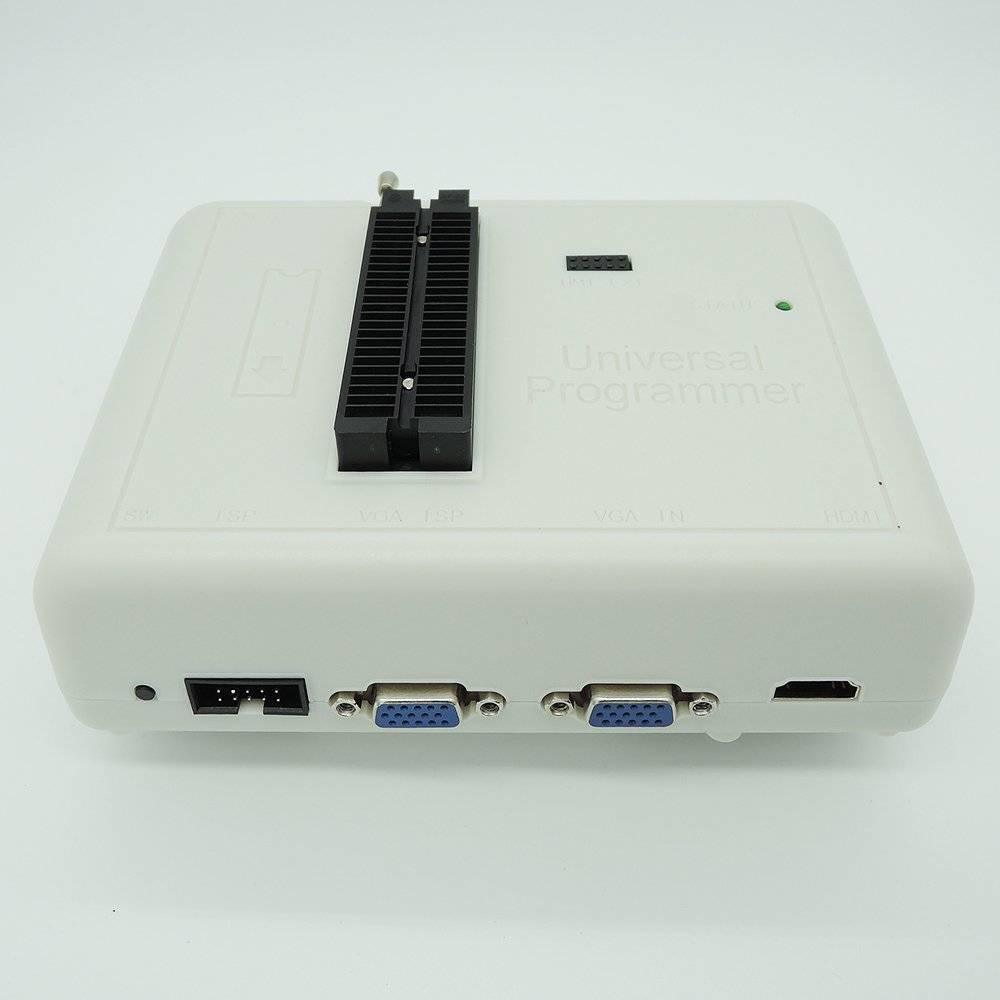 RT809H Emmc Nand Flash Programmer Bios Programmer - a white, rectangular device featuring a central ZIF socket, a green LED, and rear ISP, VGA, and HDMI ports.