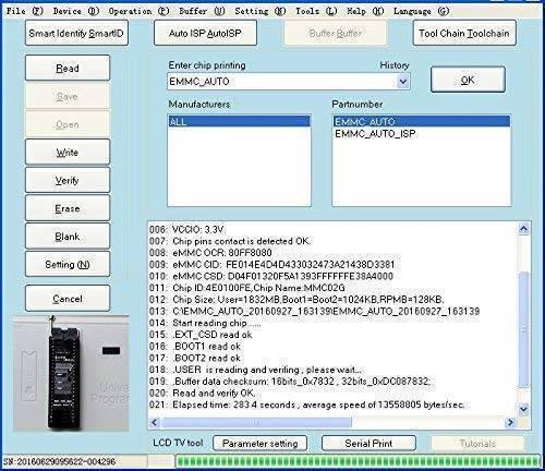 RT809H Emmc Nand Flash Programmer Bios Programmer - a successful chip read operation with device details and status logs displayed on screen.
