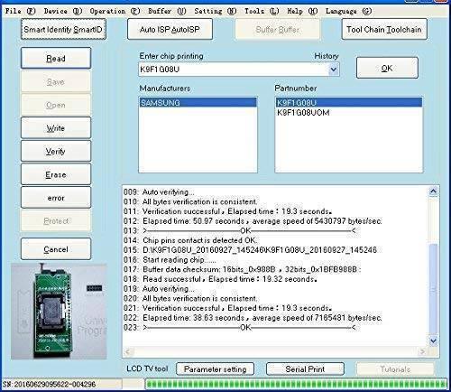 RT809H Emmc Nand Flash Programmer Bios Programmer - a successful chip verification process and a small inset photo of the green circuit board.