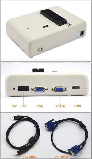 RT809H Emmc Nand Flash Programmer Bios Programmer - the beige device, its rear ports labeled SW, ISP, VGA, VGA IN, HDMI, and the included USB and VGA cables.