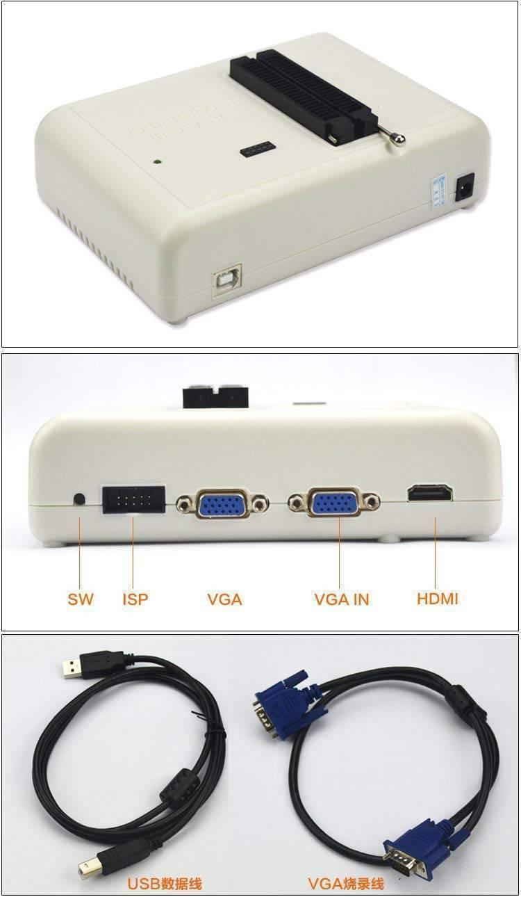 RT809H Emmc Nand Flash Programmer Bios Programmer - the beige device, its rear ports labeled SW, ISP, VGA, VGA IN, HDMI, and the included USB and VGA cables.