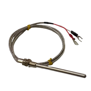 RTD PT100 2 Wire Temperature Sensor - a silver metal probe, threaded mounting nuts, braided cable, and two fork-style spade connectors.