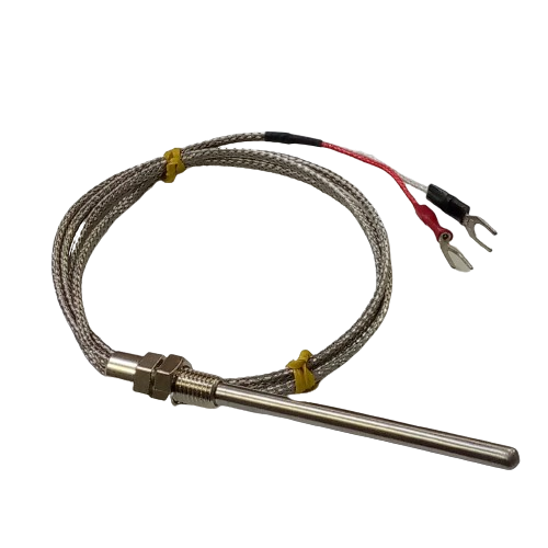 RTD PT100 2 Wire Temperature Sensor - a silver metal probe, threaded mounting nuts, braided cable, and two fork-style spade connectors.