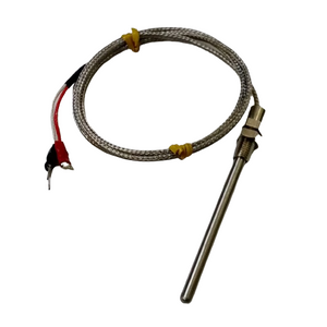 RTD PT100 2 Wire Temperature Sensor - a silver metal probe with a threaded fitting attached to a long, braided wire cable with two exposed wire leads.