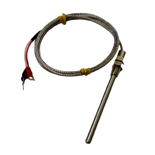 RTD PT100 2 Wire Temperature Sensor - a silver metal probe with a threaded fitting attached to a long, braided wire cable with two exposed wire leads.