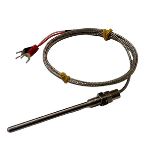 RTD PT100 2 Wire Temperature Sensor - a stainless steel probe, a threaded mounting nut, and a braided cable ending in two metal spade connectors.