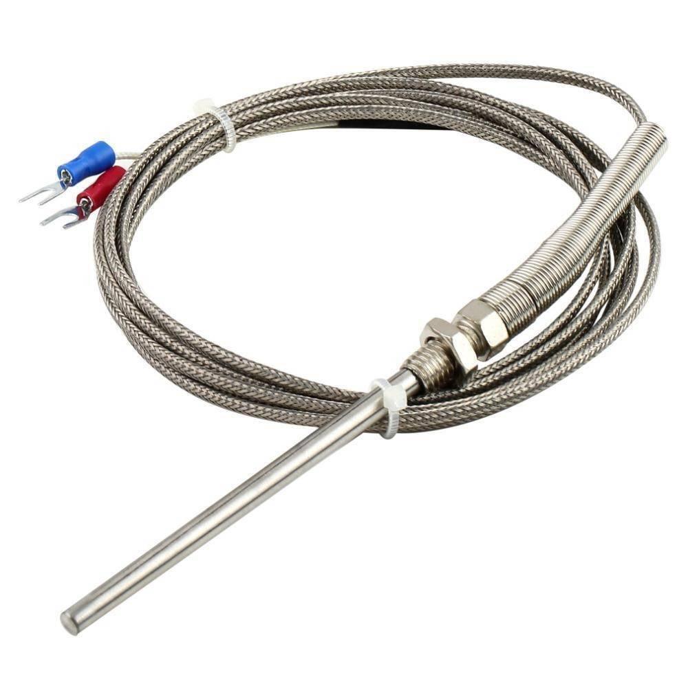 RTD PT100 Temperature Sensor - consisting of a long metal probe with a threaded nut, a braided metal cable, and two spade terminal connectors.