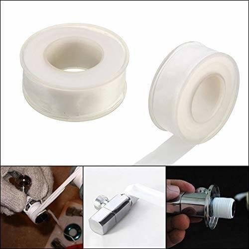 Rubber Water Pipe Faucet Waterproof Leakproof 10M Tape Random Color - two rolls of white sealing tape and three close-up images of it being applied to pipe threads.