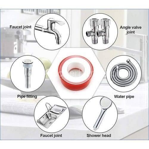 Rubber Water Pipe Faucet Waterproof Leakproof 10M Tape Random Color - a roll of red-cased tape surrounded by circular insets displaying plumbing fixtures and parts.