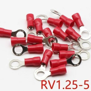 RV1.25-5 Insulated Crimp Ring Terminal Cable Wire Connector - shown as a loose pile of red insulated ring terminals with metal connectors.