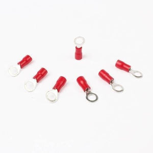 RV1.25-5 Insulated Crimp Ring Terminal Cable Wire Connector - shown as a group of seven red insulated ring terminals arranged on a white background.