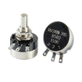 RV24YN20S B50K ohm Potentiometer Adjustable Variable Resistor 50k Ohm | Buy Online - DigiLog.pk - two silver and black rotary variable resistors with three metal terminals and a threaded mounting shaft.