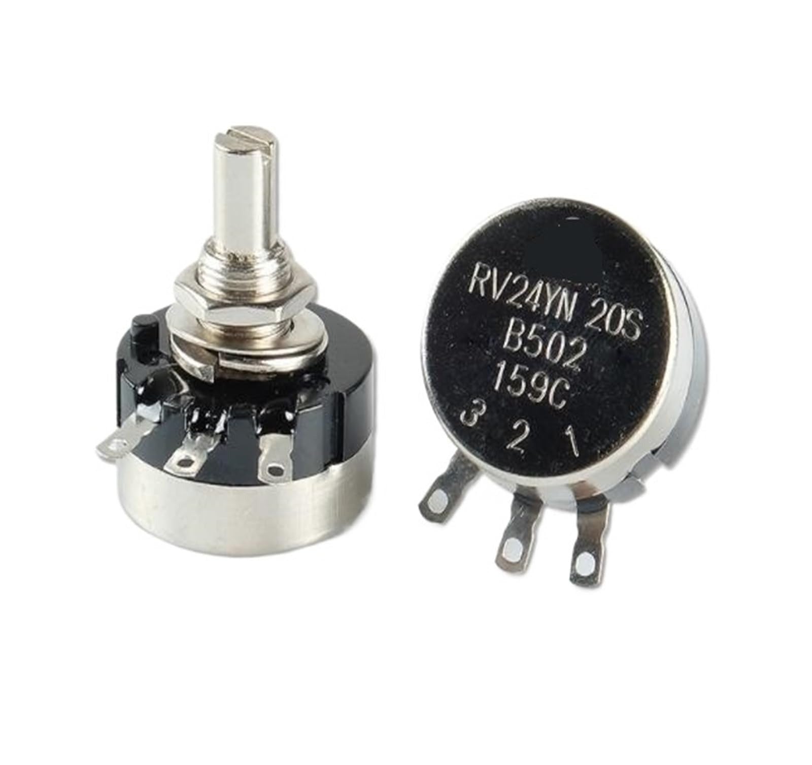 RV24YN20S B50K ohm Potentiometer Adjustable Variable Resistor 50k Ohm | Buy Online - DigiLog.pk - two silver and black rotary variable resistors with three metal terminals and a threaded mounting shaft.