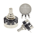 RV24YN20SB103 10k Ohm Single Turn Potentiometer - Round Shaft - Carbon Film - three silver and black round potentiometer units with metal shafts, solder lugs, and labeled terminals.